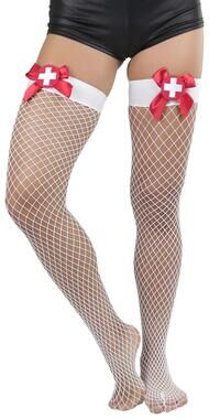 9780 Flirty Nurse Costume Net Thigh High Stockings - White/Red - OS